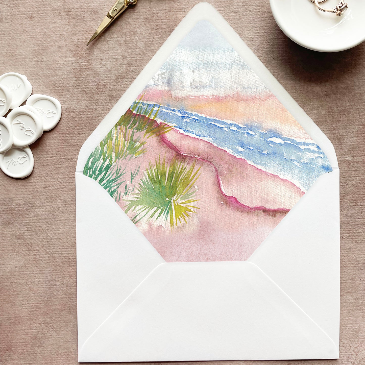Tropical Beach Watercolor Envelope Liner | Euro Flap | Set of 10