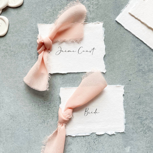 Handmade Paper Place Card with Blush Ribbon | Set of 10 | Printed