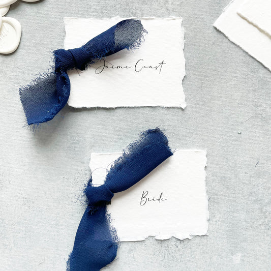 Handmade Paper Place Card with Navy Ribbon | Set of 10 | Printed