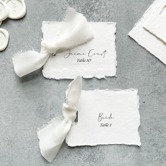 Handmade Paper Place Card with White Ribbon | Set of 10 | Printed