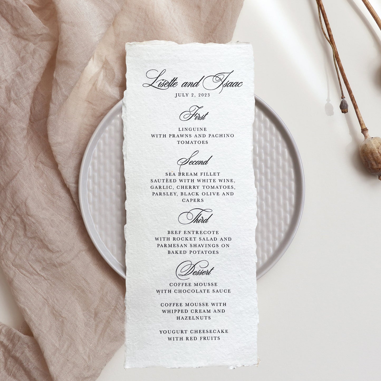 Semi-custom Formal Handmade Paper Wedding Menu | Set of 10 | Printed