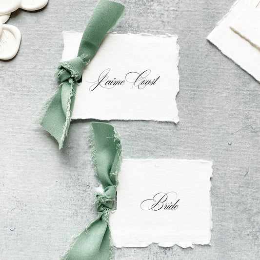 Handmade Paper Place Card with Sage Ribbon | Set of 10 | Printed