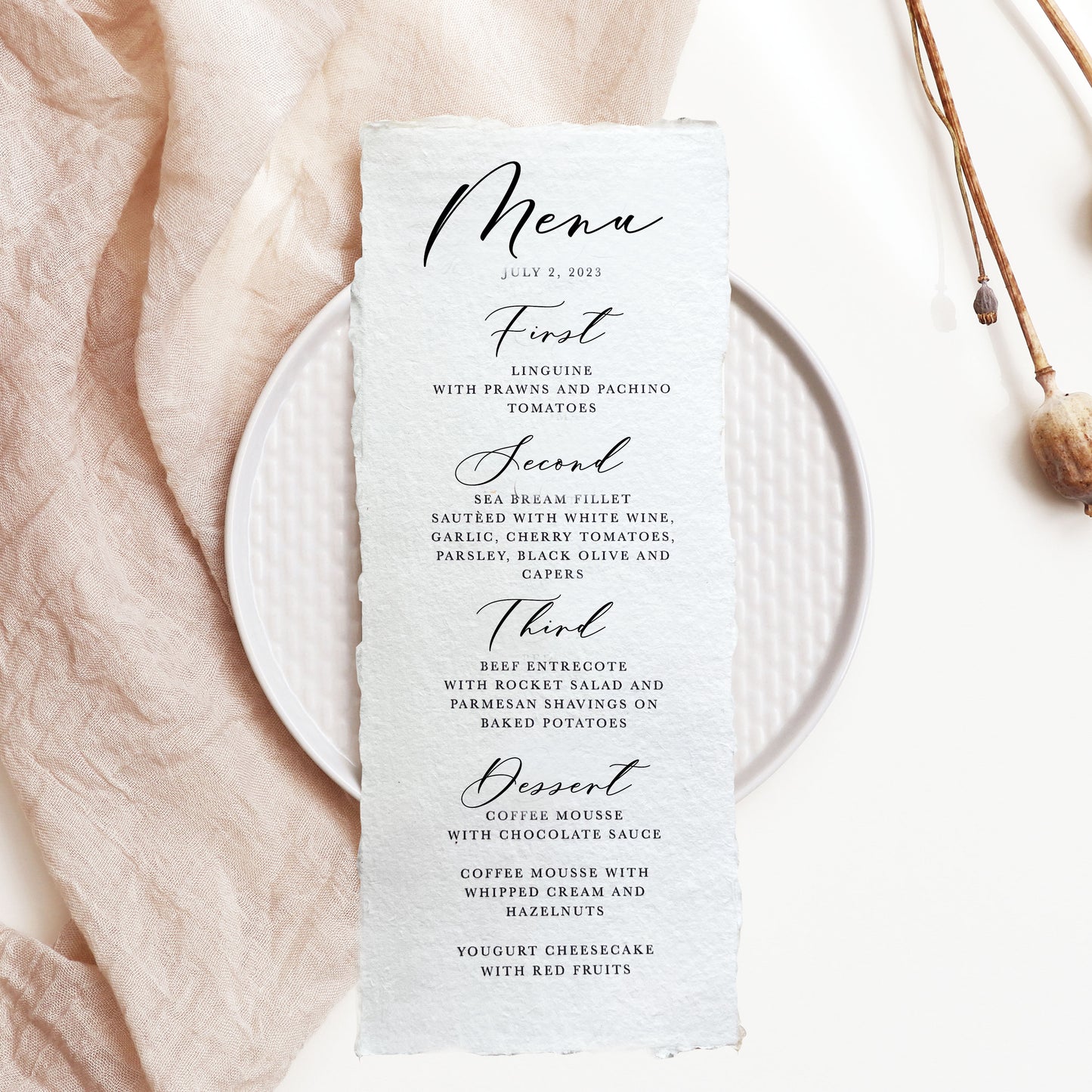 Semi-custom Formal Handmade Paper Wedding Menu | Set of 10 | Printed