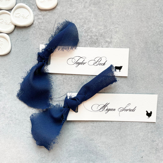 Slim Paper Place Card with Navy Ribbon | Set of 10 | Printed