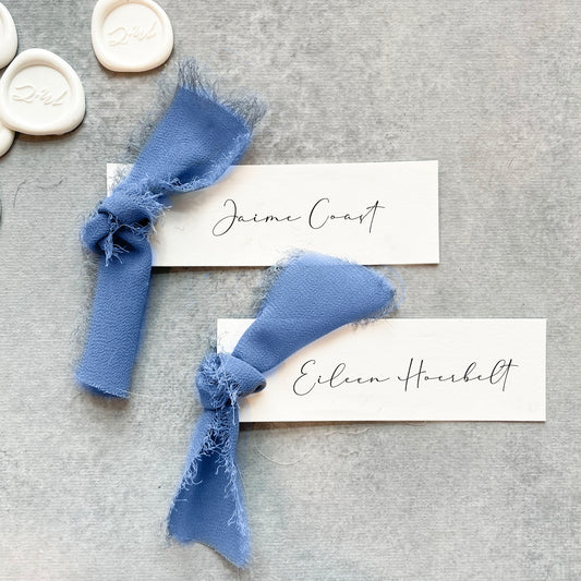 Slim Paper Place Card with Dusty Blue Ribbon | Set of 10 | Printed