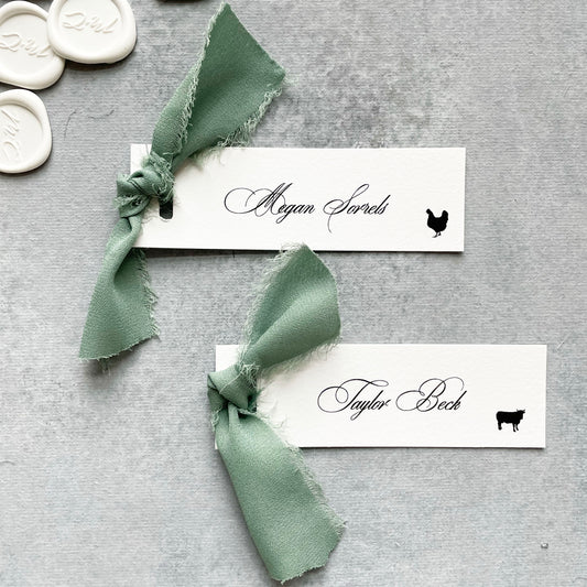 Slim Paper Place Card with Sage Green Ribbon | Set of 10 | Printed
